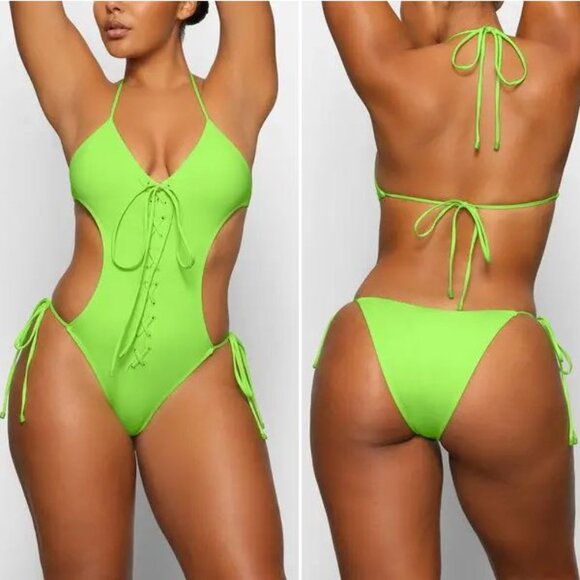 SKIMS Swim Lace up Halter Monokini Swimsuit Size XL Neon Lime Green NEW